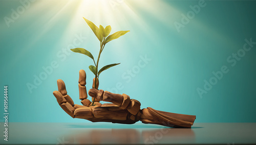 New Life Held Gently in a Wooden Hand Concept of Nurturing and Growth with Hope for a Green Future