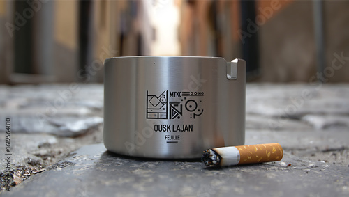 Ousk Lajan Ashtray with Cigarette Butt on a Cobblestone Street a Symbol of Addiction
