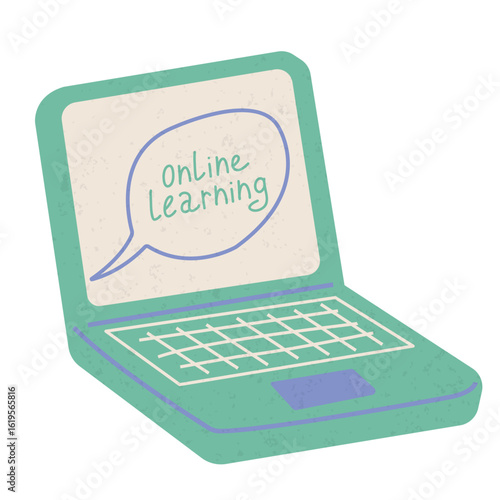 Online education, e-learning with laptop concept. Vector shabby hand drawn illustration.