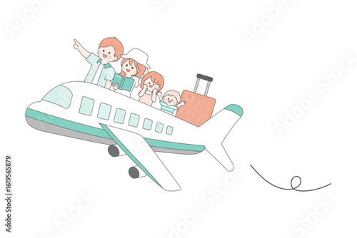 飛行機の上に乗って旅行に出発する子連れ４人家族のおしゃれなイラスト