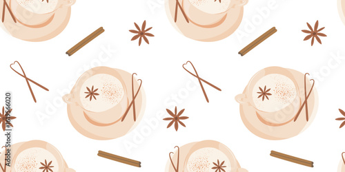 Seamless pattern with spicy coffee. Chai latte, cappuccino. Illustration for decoration menu, fabric, wrapping and textile.
