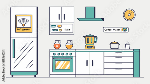 Kitchen appliances refrigerator stove coffee maker blender pot cabinet smart home interior design concept
