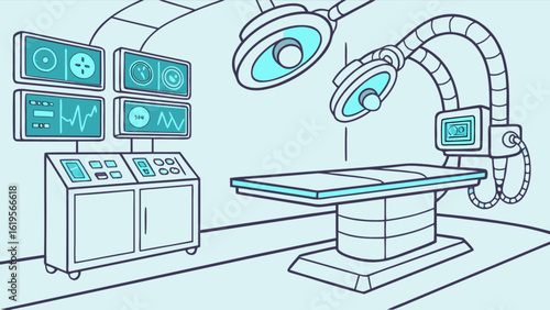Illustration of a modern operating room with surgical table, monitors, and lights, depicting a sterile and technologically advanced environment for medical procedures