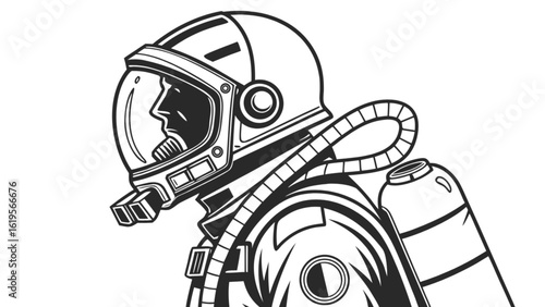 Illustration of an astronaut in a spacesuit with helmet and oxygen tank, showcasing space exploration, scientific research, and the future of human missions in the universe