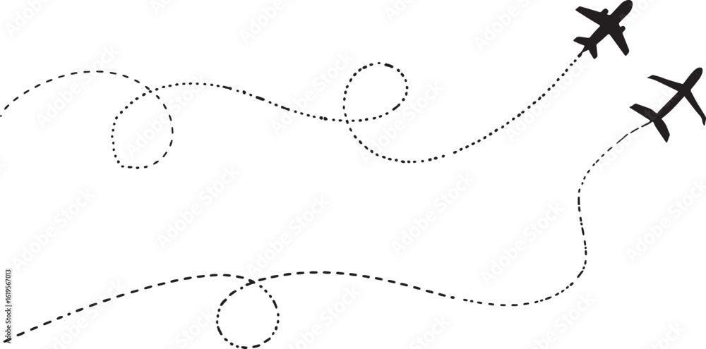 Airplane Path Vector Illustration with Dotted Line Routes Airplane Path Vector Illustration with Dotted Line Routes