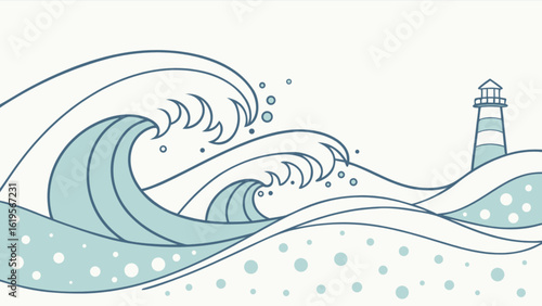 Illustration of ocean waves and a lighthouse, representing nature, travel, and coastal scenery isolated on white background the design features a modern, flat style with line art