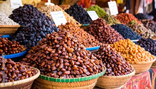 Dried fruit and nuts piled high in market baskets
