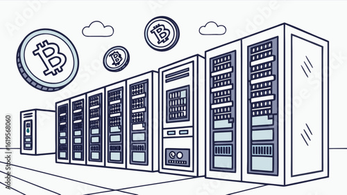 Illustration of bitcoin mining farm with servers and digital currency coins, representing cryptocurrency technology, blockchain, and virtual finance, isolated on white background