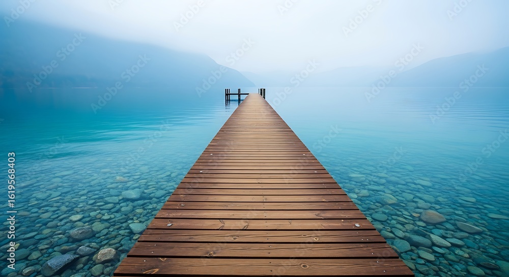 Fototapeta premium Wooden pier stretching into calm turquoise lake on a misty morning