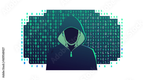 A hooded hacker with binary code background isolated on white background, representing cybersecurity, cybercrime, and online threats in the digital age, emphasizing data protection and privacy