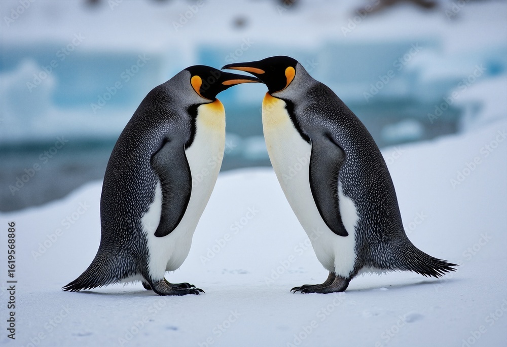 Obraz premium Pair of penguins touching beaks in snow