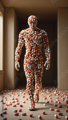 Surreal Pill Man Walking Through a Room Strewn with Capsules A Commentary on Modern Medicine and Pharmaceutical Dependence