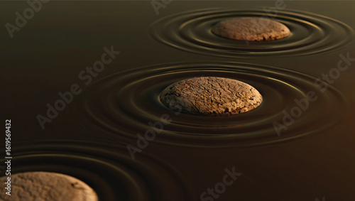 Three stones in a calm pool of water creating ripples in a soothing dark background image