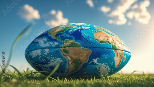 Earth Rugby Ball on Grass Field under Blue Sky