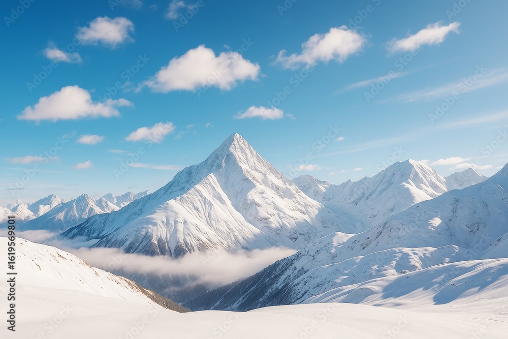 Fototapeta premium Majestic snow-covered mountain landscape under clear blue sky with fluffy clouds and soft light casting shadows on white peaks and valleys.