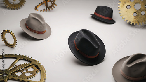 Vintage Fedora Hats and Golden Gears on a White Background Showcasing Timeless Style and Mechanical Precision with Detailed Craftsmanship