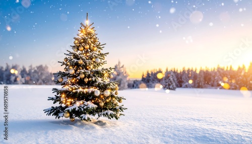 Decorated Christmas tree in snowy field at sunrise