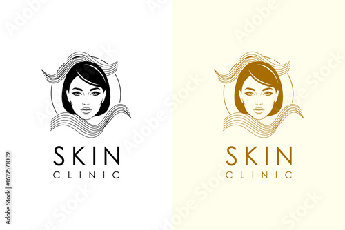 woman's face surrounded by abstract circular wave vector illustration, logo for skincare, makeup brand, dermatologist, skin specialist, luxury facial spa, anti aging, acne, skin clinic, and more