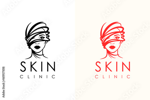vector illustration of woman's face covered with abstract circular lines, logo for luxury facial spa, beauty, skin clinic, skin care, cosmetics brand, anti aging, acne, dermatologist, and more