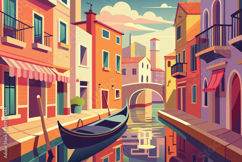 Colorful Venice Canal Scene with Gondola and Reflections in the Water