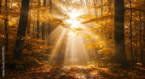 Fototapeta Naklejka Na Ścianę i Meble -  Golden sunlight in autumn forest