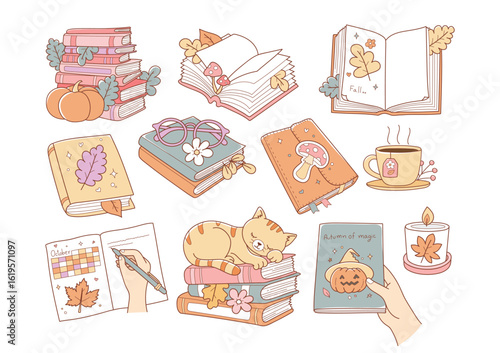 Schilderij op canvas Cozy Bookish Vector, Autumn Trendy Bookish, Cute Book Lover Doodle Cartoon Style