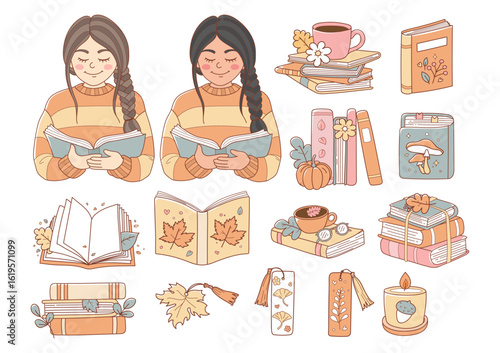 Cozy Bookish Vector, Autumn Reading Girl, Cute Book Lover Doodle Cartoon Style Hand Drawn Elements Vector