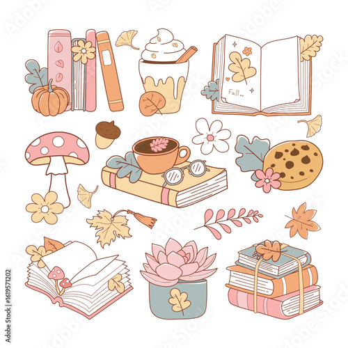 Cozy Bookish Vector, Autumn Trendy Bookish, Cute Book Lover Doodle Cartoon Style Hand Drawn Elements Vector