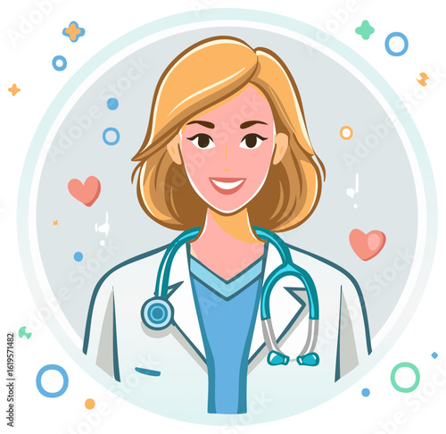 Smiling Doctor Character Portrait with Stethoscope and Medical Coat