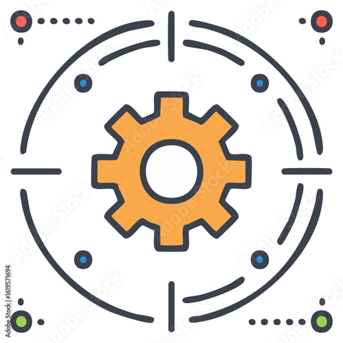 Gear icon in crosshairs symbol, automation and precision concept vector design, technical vector drawing for industry