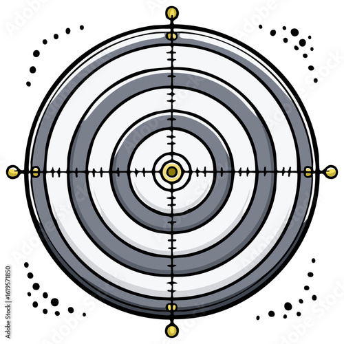 Illustration of a cartoon bulls-eye target with crosshairs and golden markers