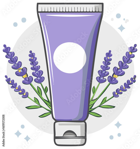 Lavender Essential Oil Cream Tube with Flower Arrangement in Pastel Tone