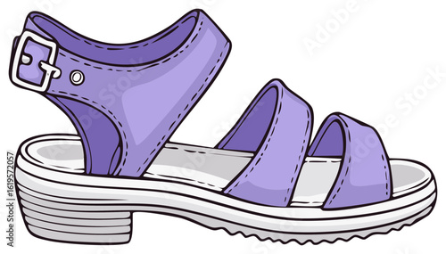 Purple women's summer sandal with wide straps ankle buckle and low comfortable heel cartoon illustration