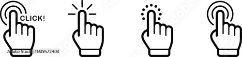 Set of Black Hand Cursor Click Icons, Representing Tap, Pointing, Interaction, and Call to Action for Digital Interfaces, Flat Vector Illustration