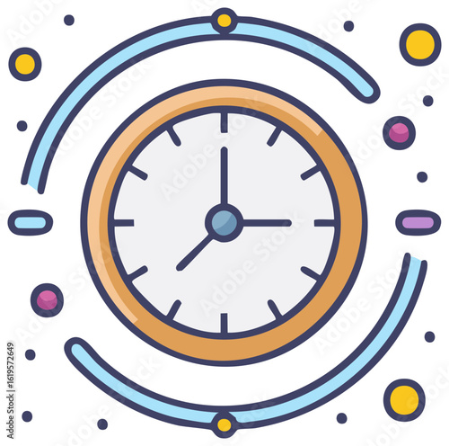 Modern clock icon with orbiting timeline elements and colorful dots symbolizing time progression