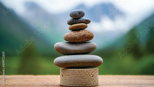 Zen Stone Stack Against a Blurry Mountain Background Represents Balance Harmony and Tranquility in Natures Serene Setting