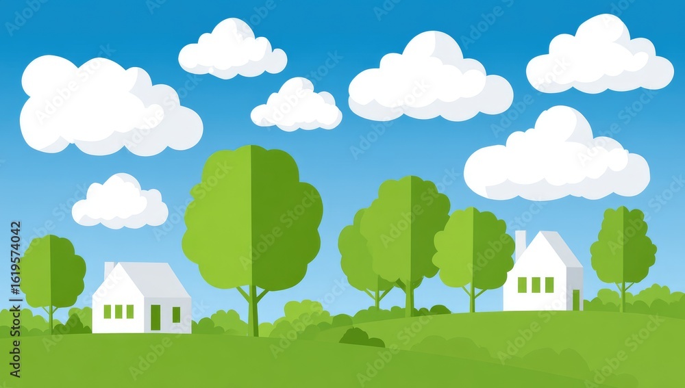 Rural landscape, summer scene. Fluffy clouds over houses and trees Rural landscape, summer scene. Fluffy clouds over houses and trees