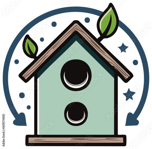 Cartoon birdhouse illustration with green leaves and a circular arrow symbolizing sustainability and eco friendly living