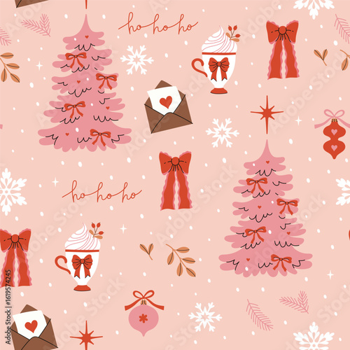 Seamless pattern of pink Christmas with trees, bows, snowflakes. Vector graphics.
