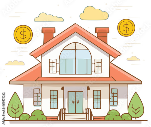 Real estate investment vector illustration with house, roof and dollar coins