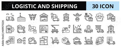 30 Logistic and Shipping Glyph Icons Vector - Delivery Truck, Warehouse, Supply Chain, Logistic, Management, Distribution, shipping cost