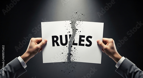 Breaking rules concept with hands tearing a paper with rules written