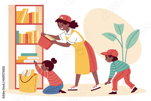 Children organizing books on a shelf with adult cleaning