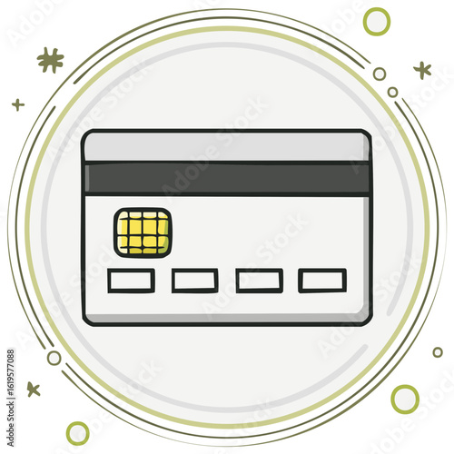 Cartoon Illustration of Credit Card with EMV Chip and Decoration in a Circle