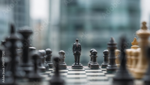 Wallpaper Mural A miniature businessman figurine stands at the center of a chessboard, surrounded by black and beige chess pieces, set against a blurred cityscape backdrop.  The image conveys strategy and leadership Torontodigital.ca