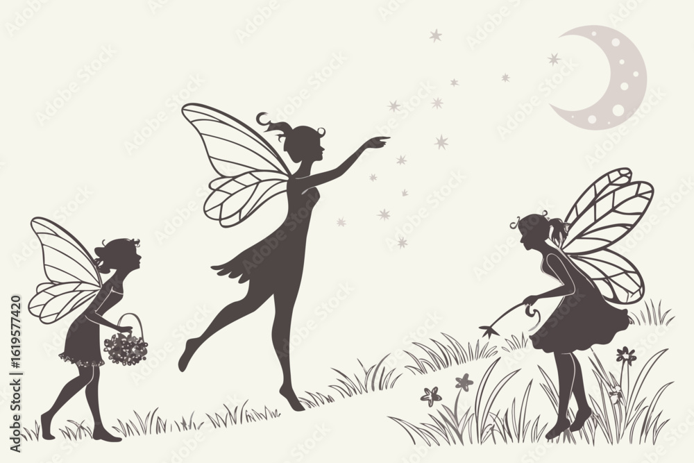 Fototapeta premium Three fairies with wings in silhouette at night with moon and stars