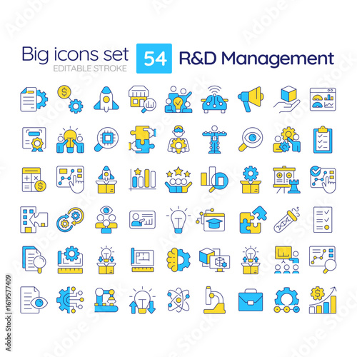 Research and development management line color icons set. Organization development strategy. Business innovation. Vector illustrations. Simple flat colorful symbols collection. Editable stroke