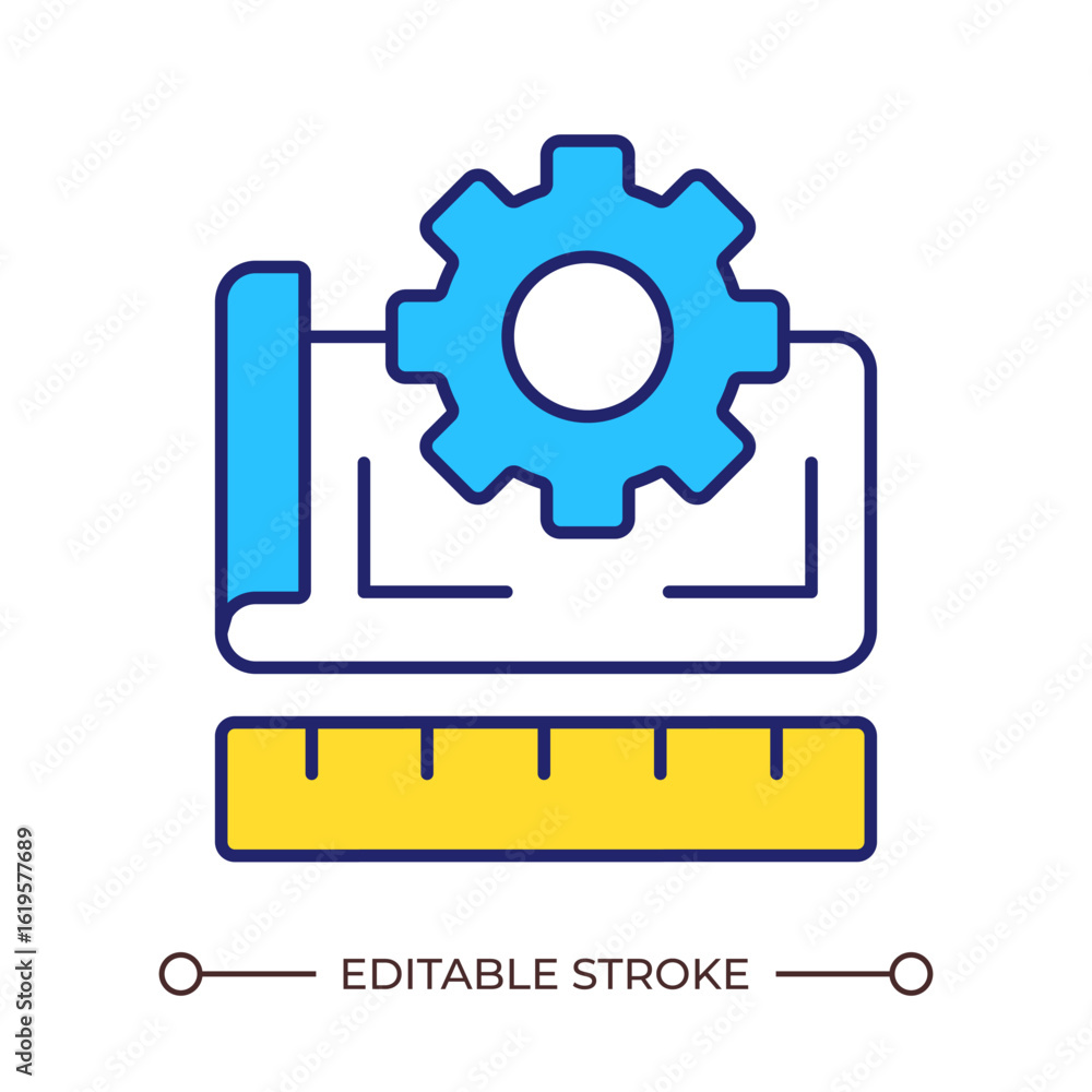 Obraz premium Project plan development line color icon. Cogwheel, blueprint and ruler set. Engineering and industry maintenance. Isolated vector illustration. Flat colorful symbol design. Editable stroke