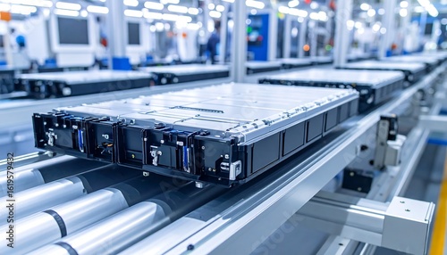 Factory assembly line showcasing large rectangular battery packs moving on rollers