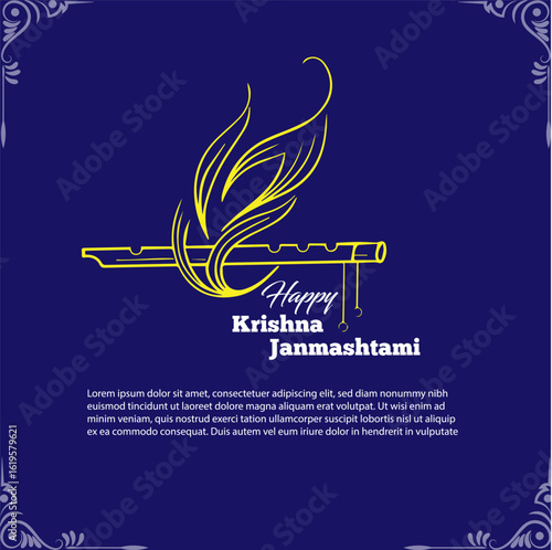 Happy Janmashtami festival poster template, Greeting background for Hindu festival Krishna Janmashtami (birth of Lord Krishna), Happy Janmashtami festival typographic vector design with text